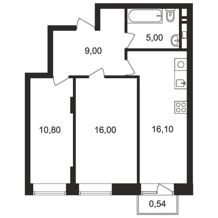 2 комнатная квартира, 56.9 м2, 6 769 677 руб.